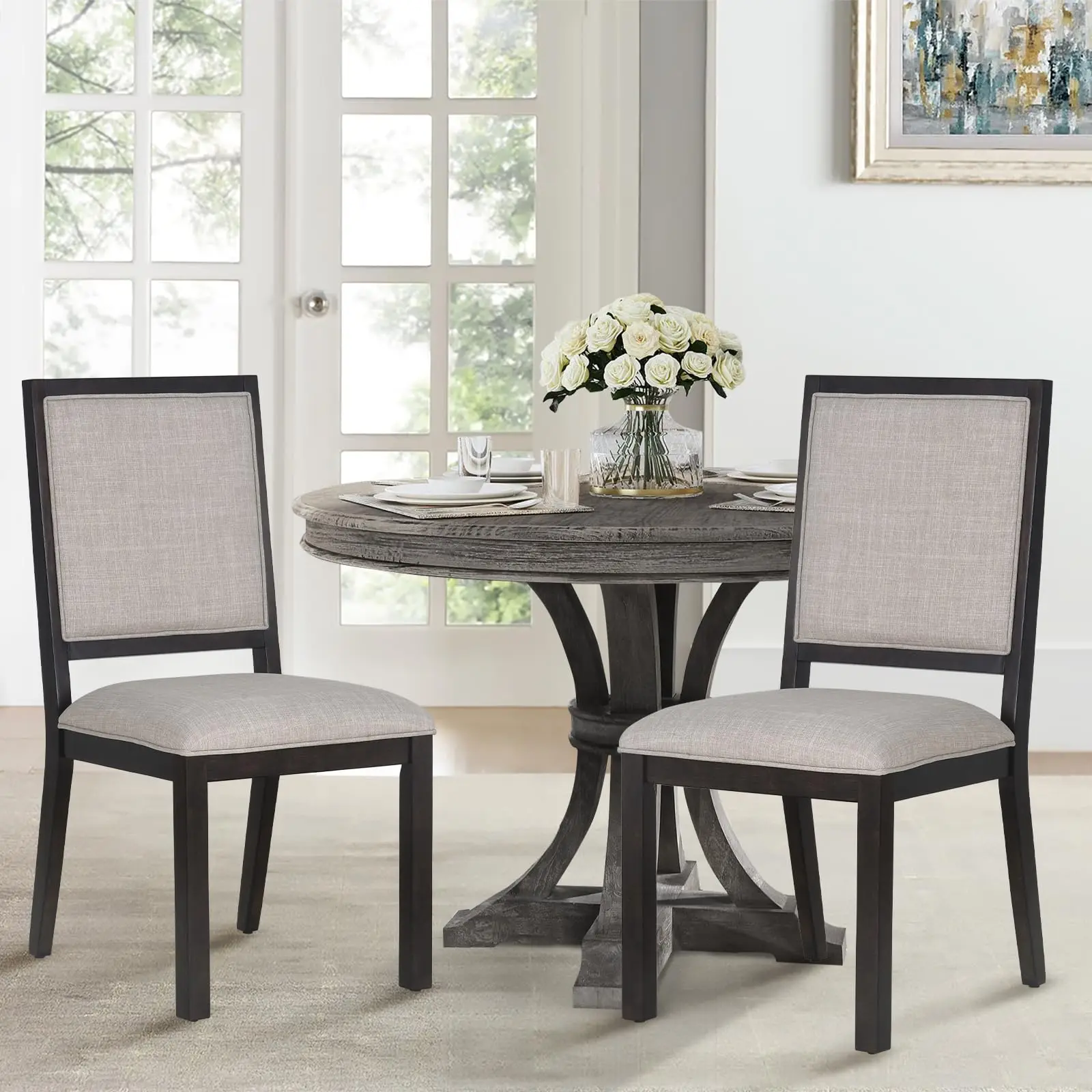 

Upholstered Wood Dining Chairs Set Of 2, Farmhouse Style Side Chairs With Back For Kitchen Dining Room