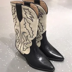 Embroidery Women Western Cowboy Boots Fashion Slip On Thick Heel Knight Long Booties Retro Style Autumn Winter Female Shoes