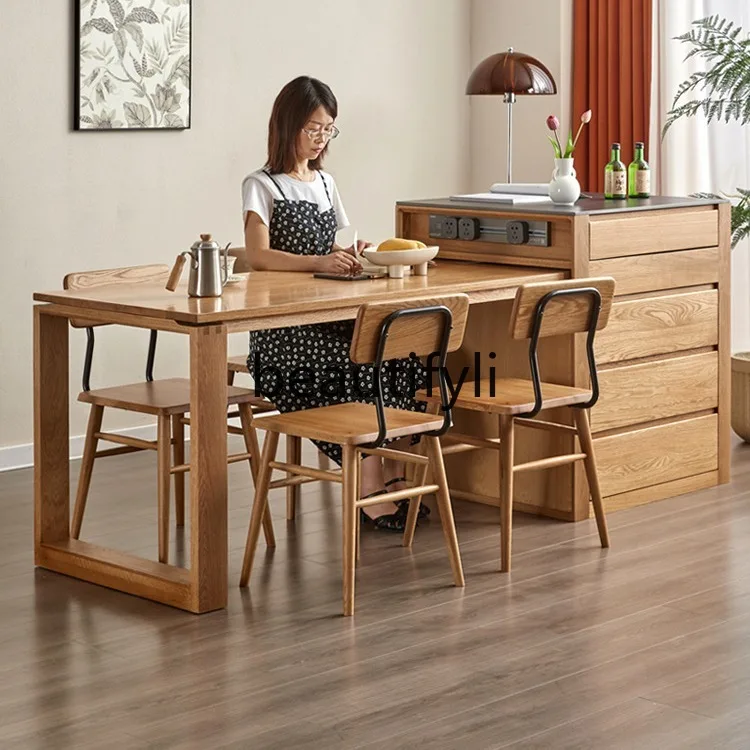 Cherry Wood Island Dining Table Integrated Square Multifunctional Oak Solid Wood Extendable Bar Table Nordic Dining Table