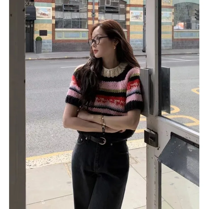 

Retro ort Sve Knitwear Chic Autumn Winter New Sle Agel round Ne Design Women's Faionable Knitted Top