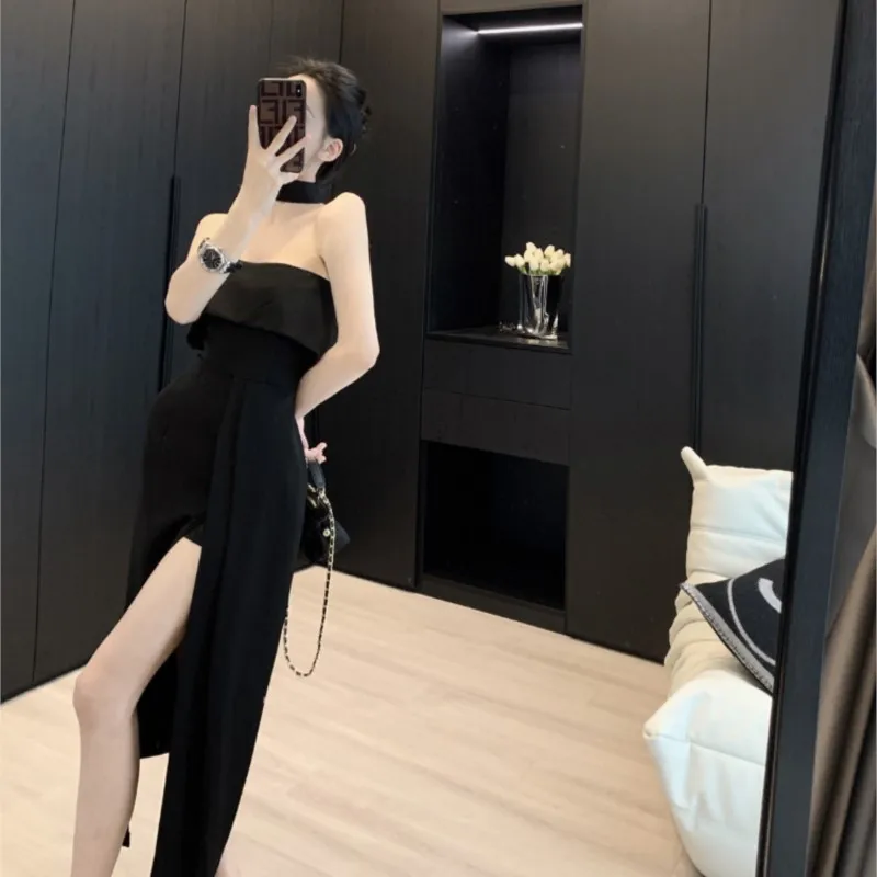 Tube Top Expose Clavicle Dress Women's New Retro Slit Midi