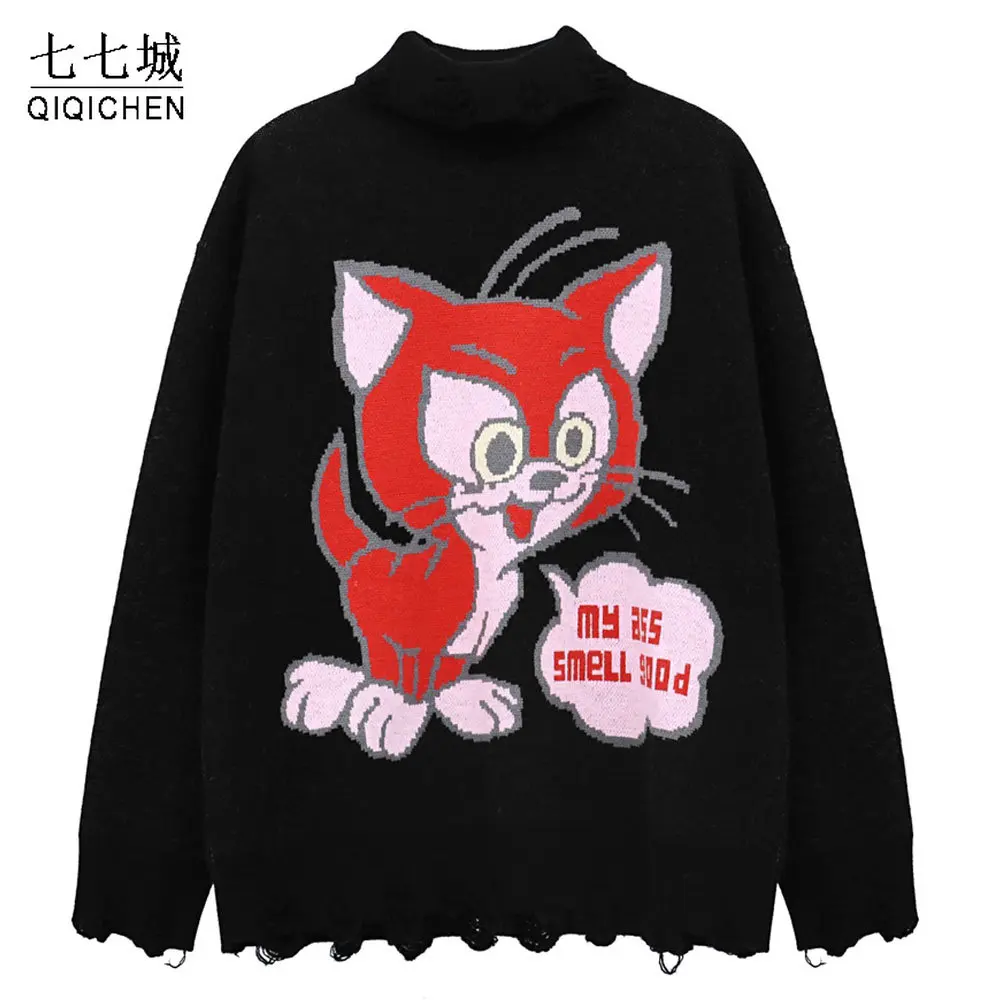 

Autumn Winter Men Turtleneck Cartoon Cat Sweaters Pullover tattered Knitted Casual Pullover Destroy Holes Sweater Jumpers Unisex