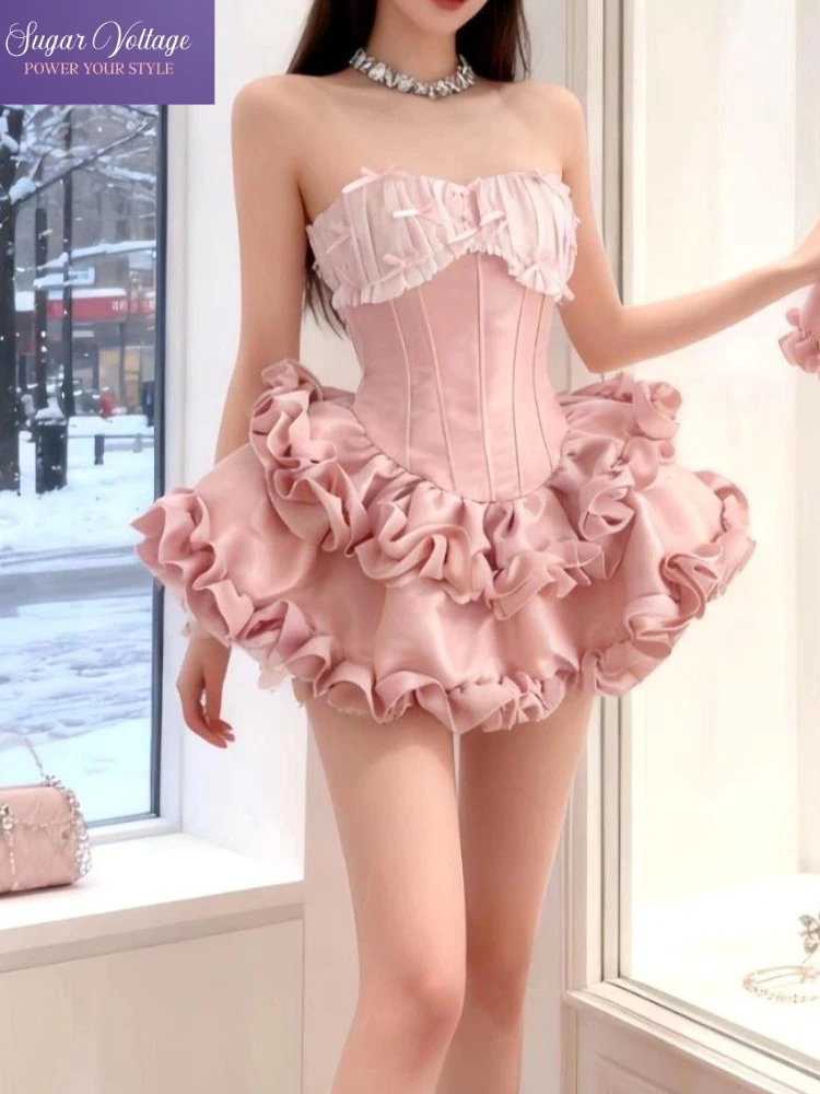 

French Sweet Style Pink Strapless Dress Women Slim Fit Ruffle Puff Cake Mini Dress Korean Fashion Birthday Party Evening Outfit