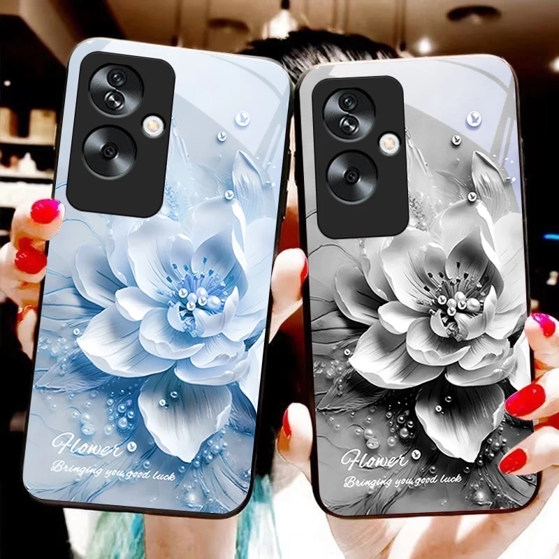 Colorful Lotus Pearl For Oppo A79 5G 58 78 74 60 4G Reno 11F Realme GT 6 11 Note 50 10 C55 X2 Tempered glass black phone case