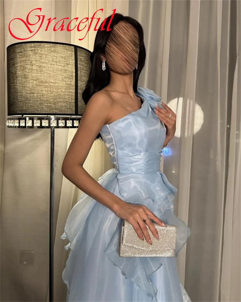 Sukienka wieczorowa szyfonowa w kolorze niebieskim, wysokiej jakości, szyta na miarę, elegancka sukienka koktajlowa z dekoltem w łódkę, na jedno ramię, delikatna sukienka na powrót do domu.