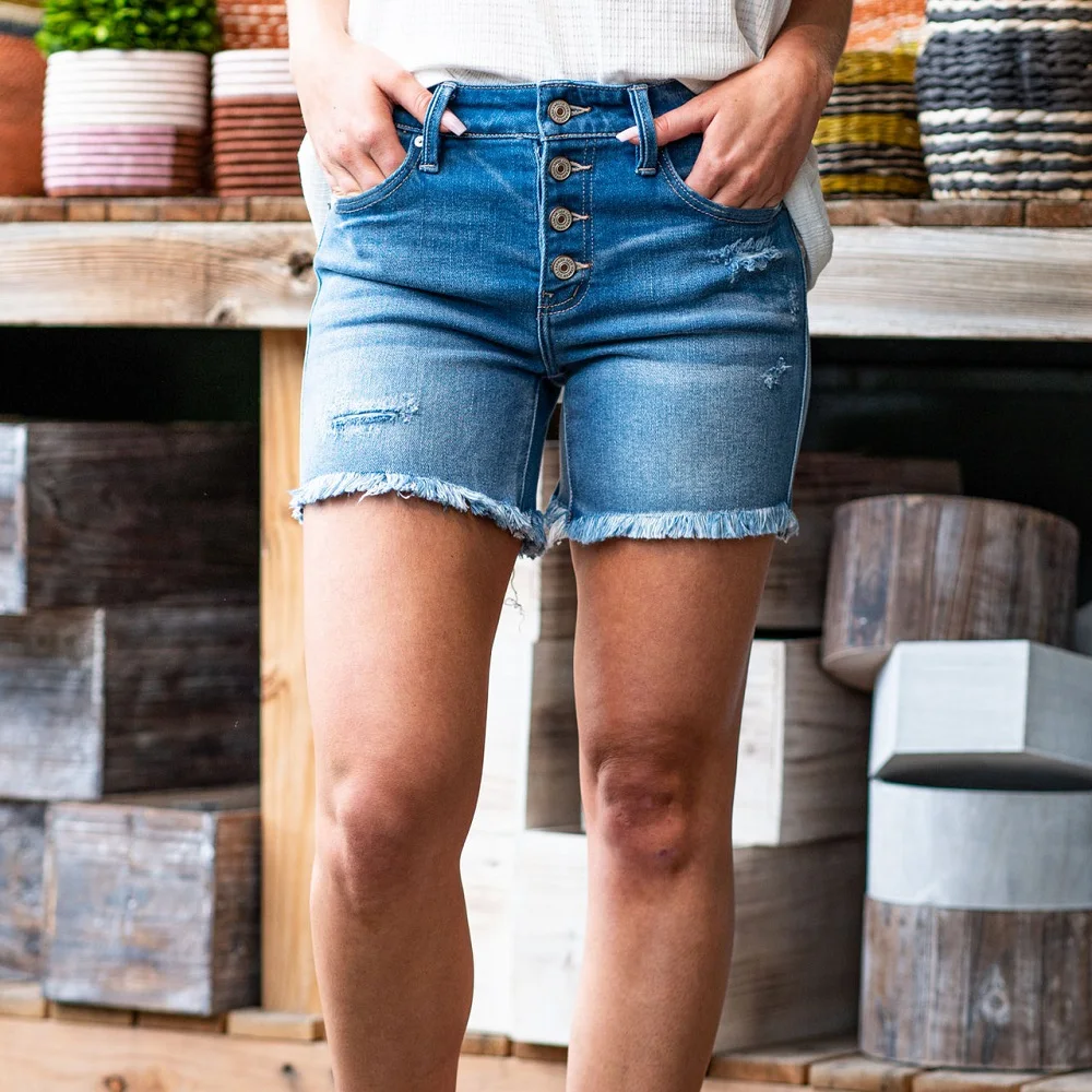 

Women Summer Denim Shorts Button Stretch Jeans Short Pants With Tassels