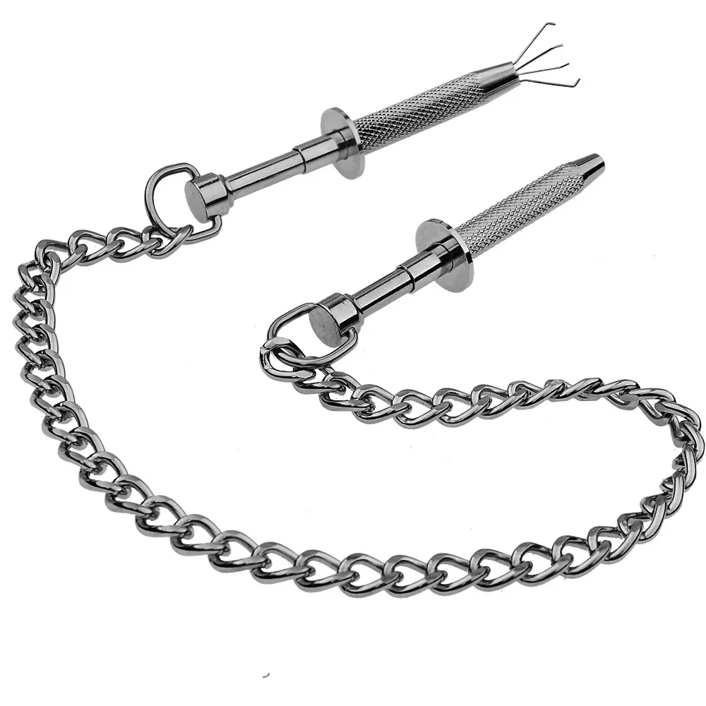 Adjustable Metal Nipple and Labia Clamps with Chain Plunger Style BDSM Bondage Gear for Couples Sensory Play