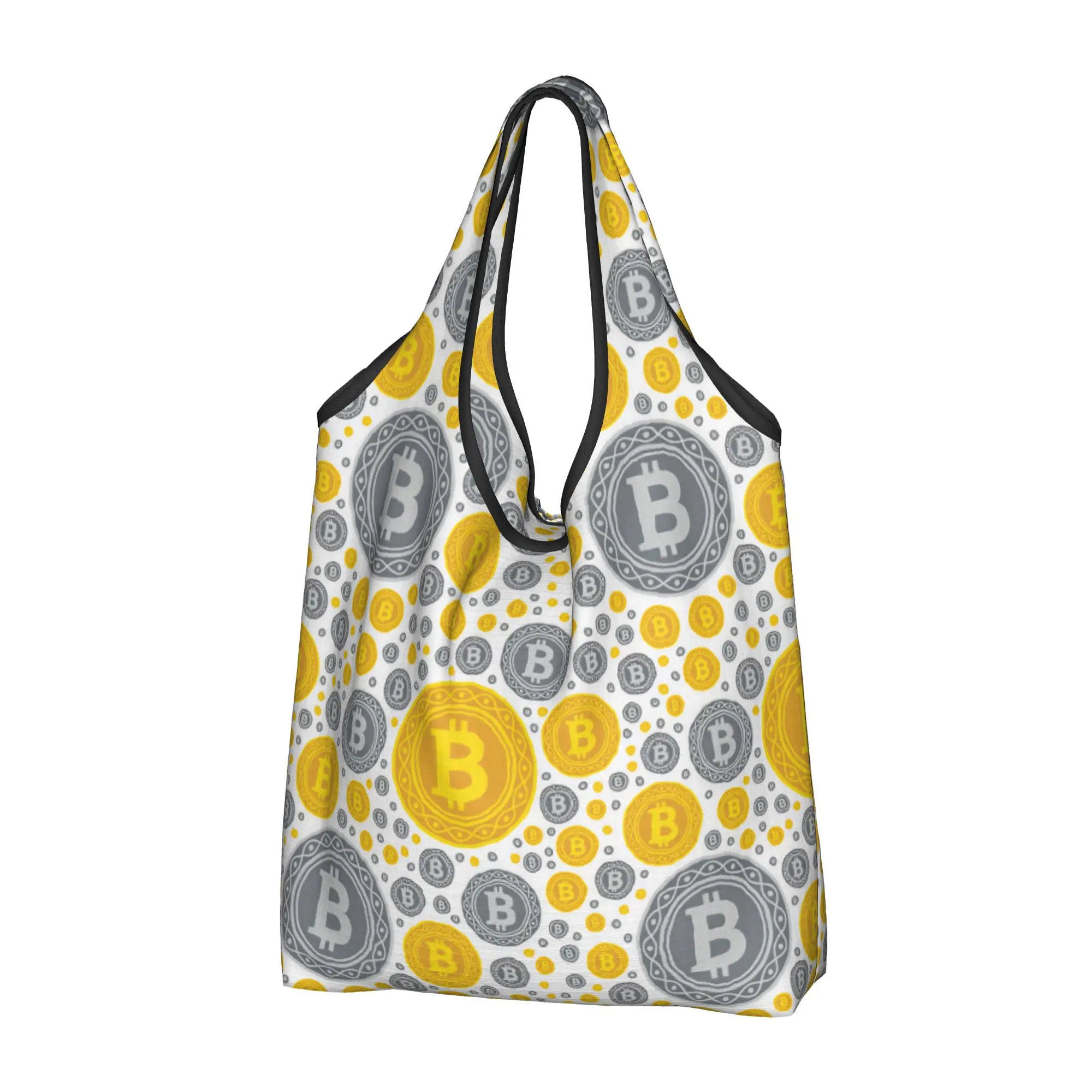 Custom Crypto Virtual Currency Bitcoin Shopping Bag Women Portable Big Capacity Groceries  Shopper Tote Bags