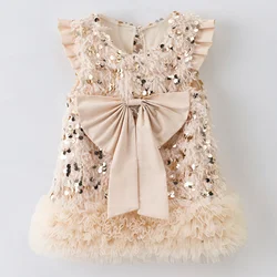 Autumn and Winter Girls' New Sequin Feather Bow Tutu Dress Small Flying Sleeve Birthday Party Wedding Flower Girl Dress