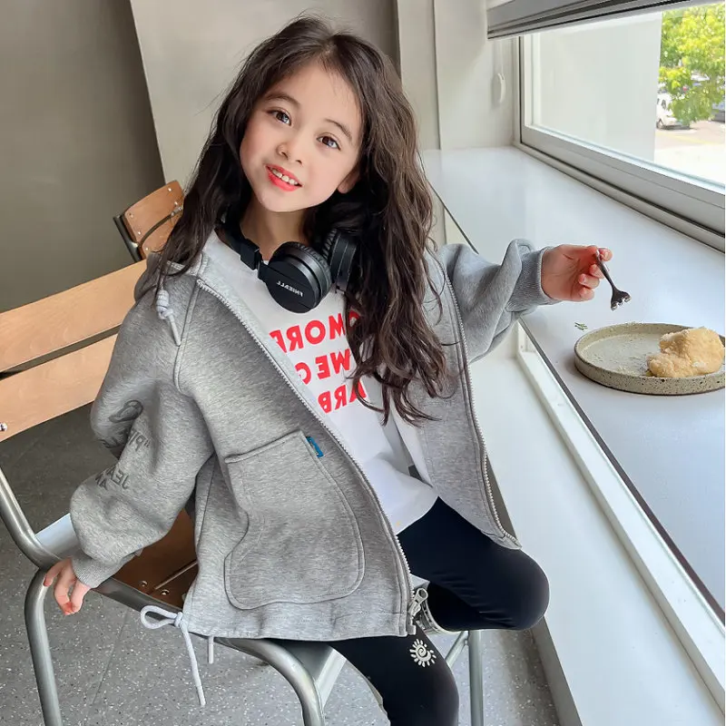 Baby and Girls Cotton Grey Embroidery Cartoon Show Drawstring Zip Sweatshirt Jackets Kids Hoodie Coat Child Outfit Tops 2-8Years