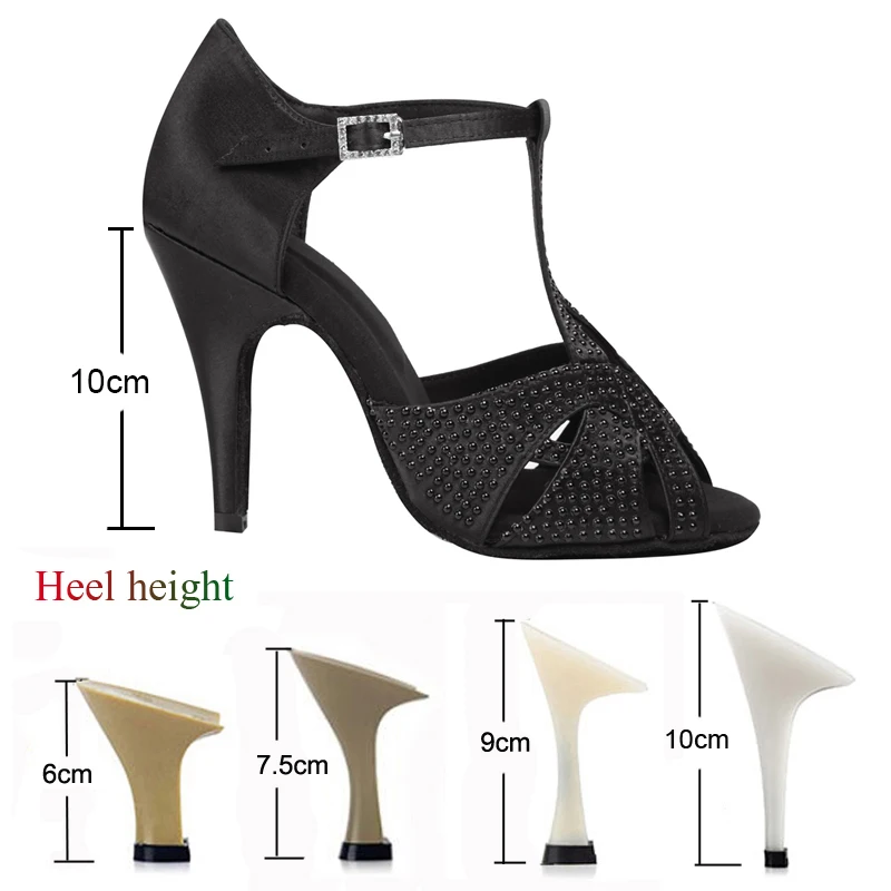 Zapatos de baile latino de tacón alto para mujer, sandalias de satén negro con diamantes de imitación, Salsa, Tango, fiesta de salón, novedad de