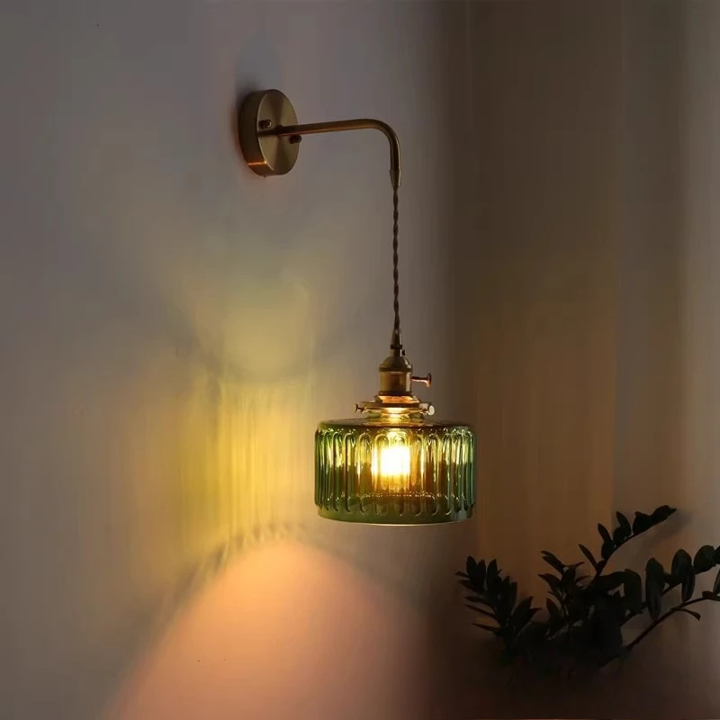 Vintage dark green glass wall lamp hotel bedroom bedside living room background homestay cafe