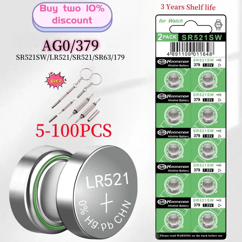 2-100Pcs AG0 LR521 Batteries LR63 SR521 SR521S SR521SW SR63 379 1.5v Alkaline Button Cell Battery for Calculators Watches etc