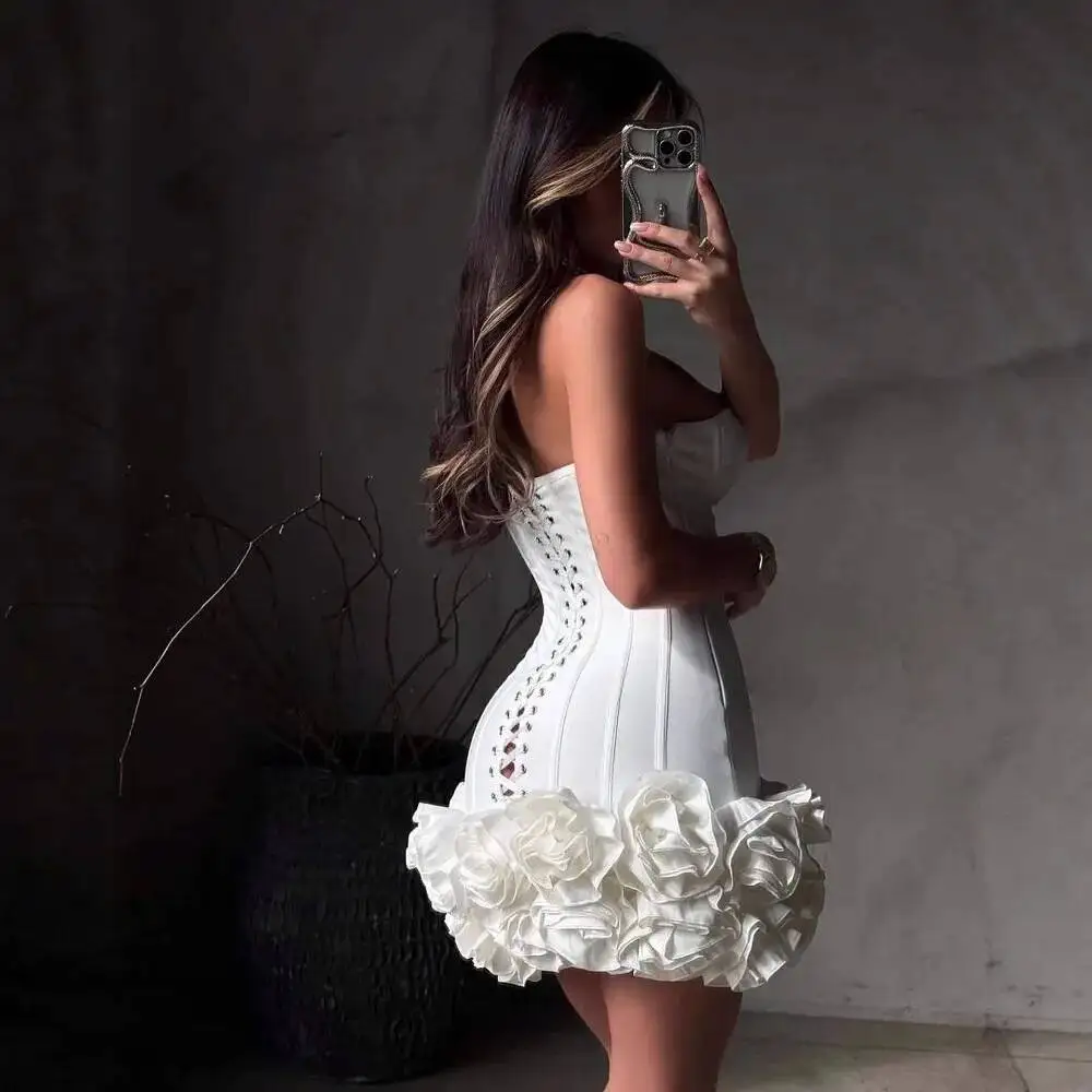 Women Mini Dress Flower Corset Dress  Stretchy Bandage Boned Design  Slim Fit Abdomen Control Evening Short Gown
