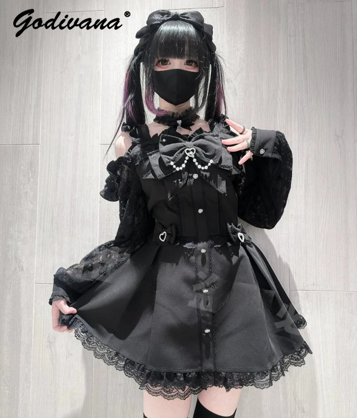 New Spring Subculture Girls Sweet Dress Set Lolita Bow Off-the-shoulder Lace Spliced Long Sleeve Dress and Shorts  Two Piece Set
