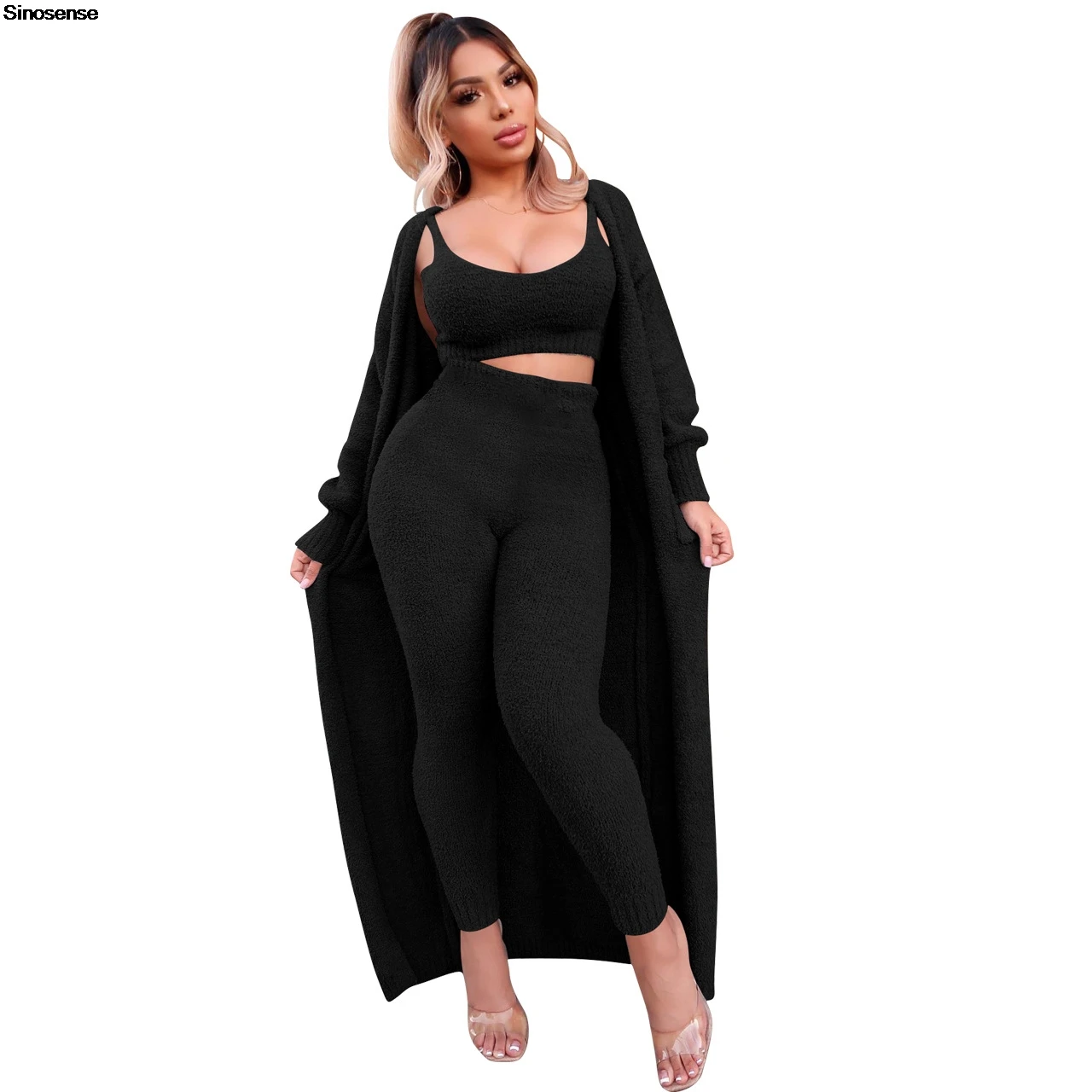 Women's Sexy Fuzzy 3 Piece Outfits Open Front Cardigan Crop Tank Tops Bodycon Pants Lounge Comfy Sets 3 Piece Loungwear Outfits