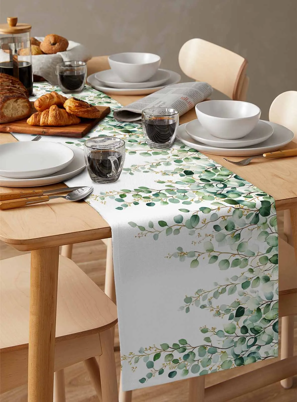 

Green Eucalyptus Leaves Plant Table Runner Wedding Party Champagne Dining Room Restaurant Home Tablecloth Runners