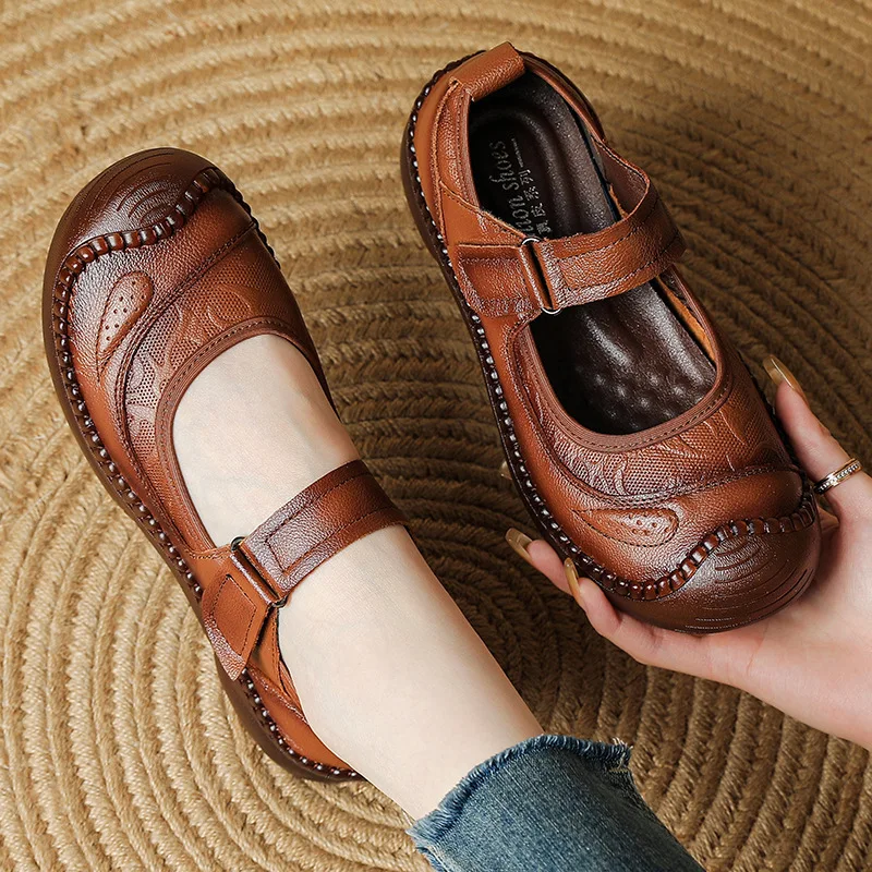 

New Authentic Leather Flats Women Durable Mary Jane Shoes Autumn Shallow Flats Ladies Anti Kick Moccasins Female Brown Flats
