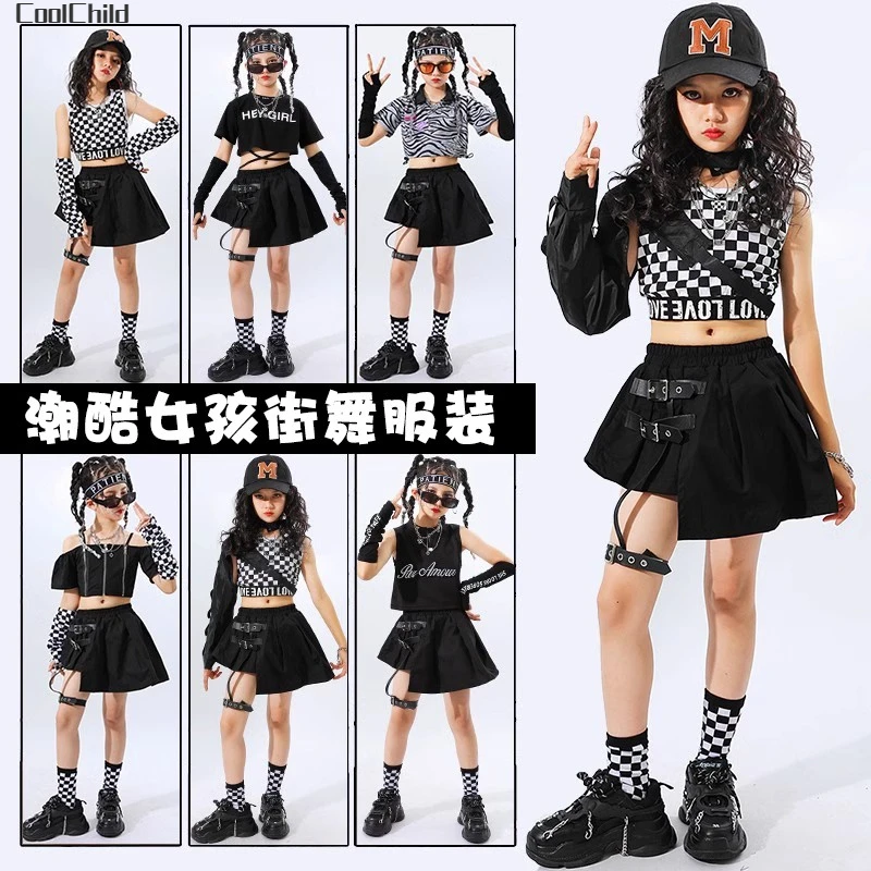 Hip Hop Girls Cool Crop Top Plaid Skirts Children Streetwear Goth Clothes Sets Street Dance T-shirt Kids Stage Jazz Costumes