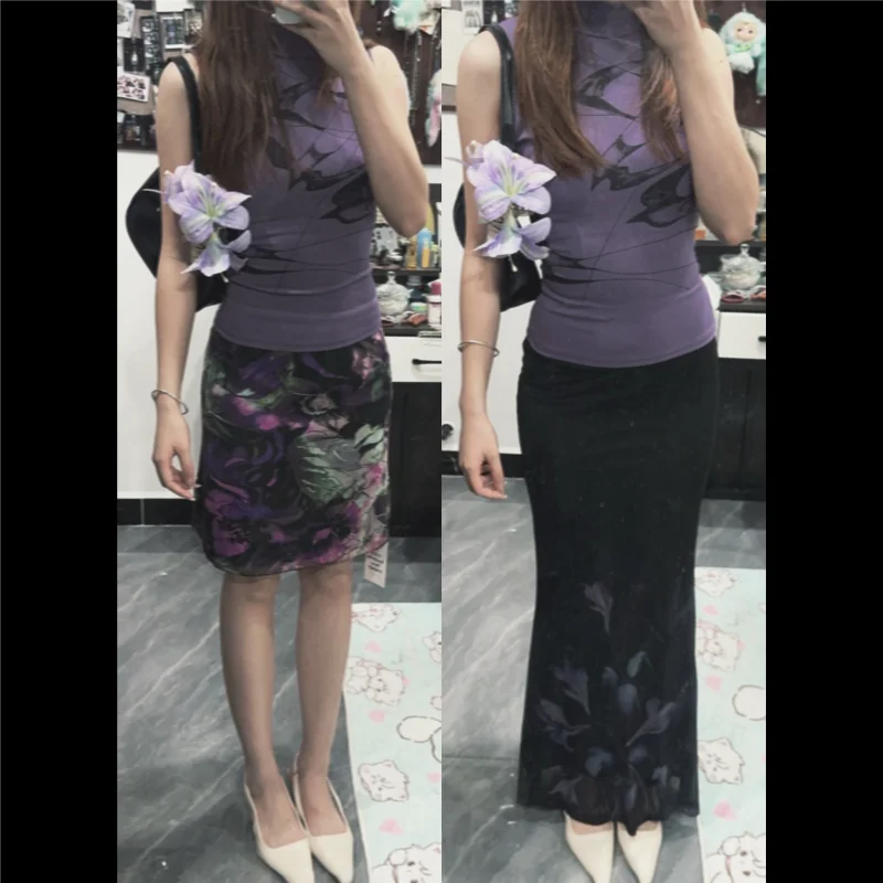 Sexy Floral Print  Skirt Women's mid Waist Polyester Fiber Casual Style Retro Purple Color Half Body Skirt for Ladies