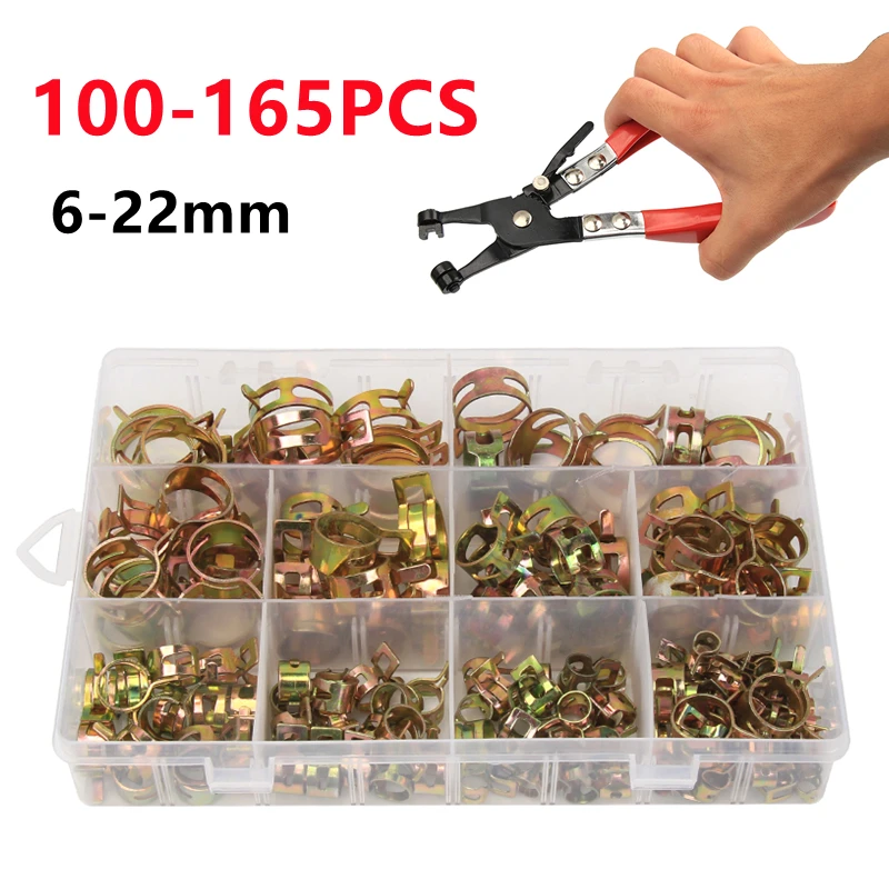 100/115/155/165pcs Car Truck Spring Clip Hose Clamp Fuel Oil Water Pipe Tube Clamp Hose Fastener Assortment Kit + Plier