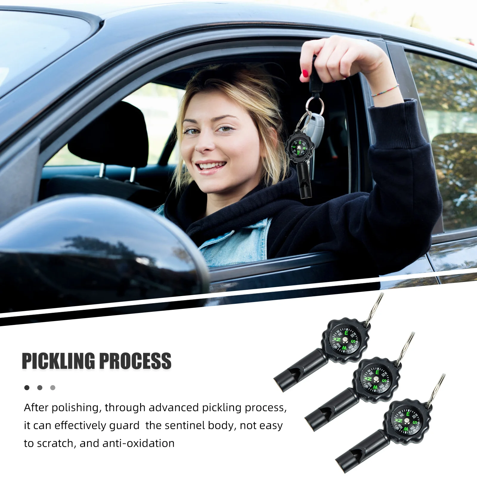 3Pcs Durable Keychain Compass Whistle Loud Clear Tone Multi-Function Survival Gear Outdoor Activity Gift Choice
