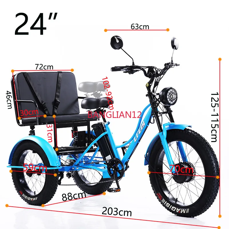 Electric assisted tricycle with 24 inch fat tires