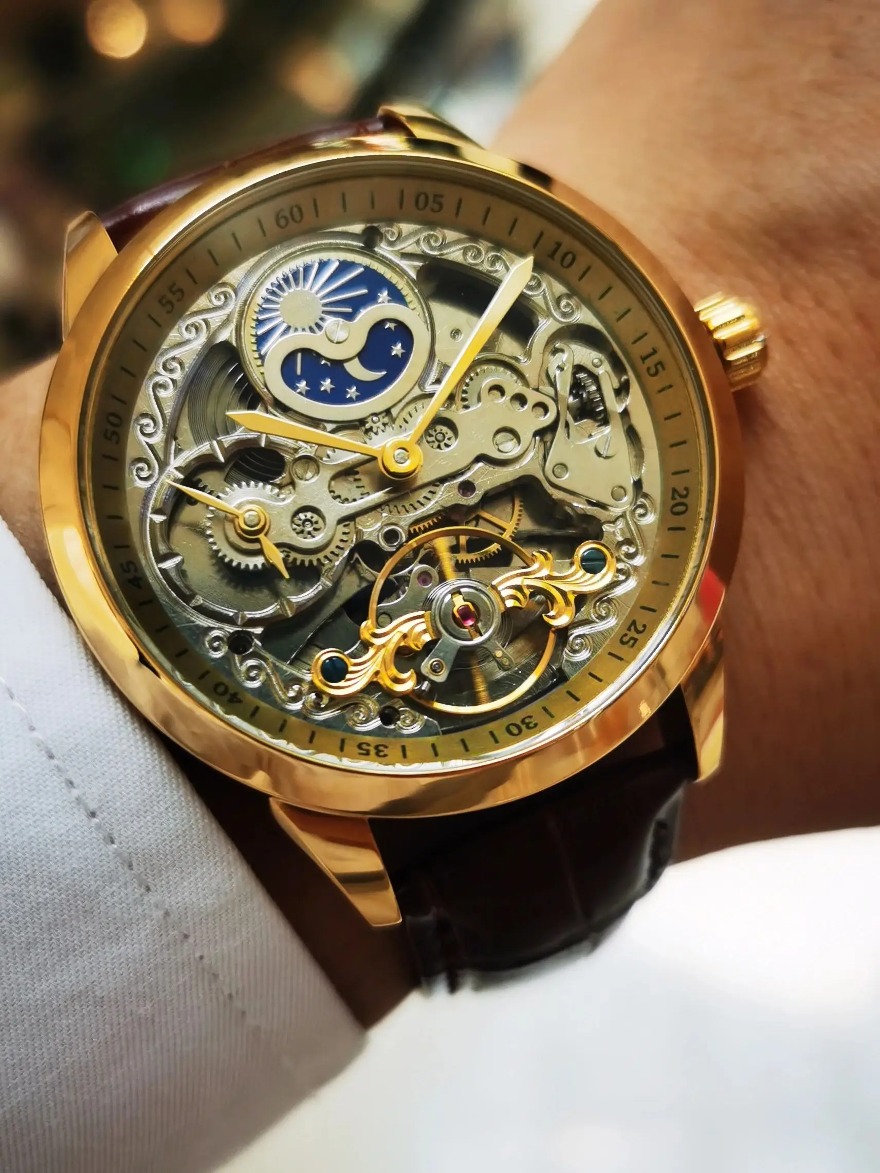 Forsining Retro Moon Phase Skeleton Automatic Watch for Men Luxury Brand Tourbillon Gold Mechanical Watches Brown Leather Strap