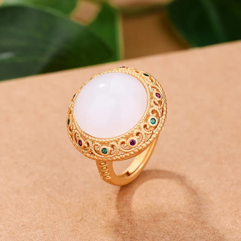 Ancient gold craft inlaid natural Hetian white jade opening round crystal openwork New in rings for women classic jewelry