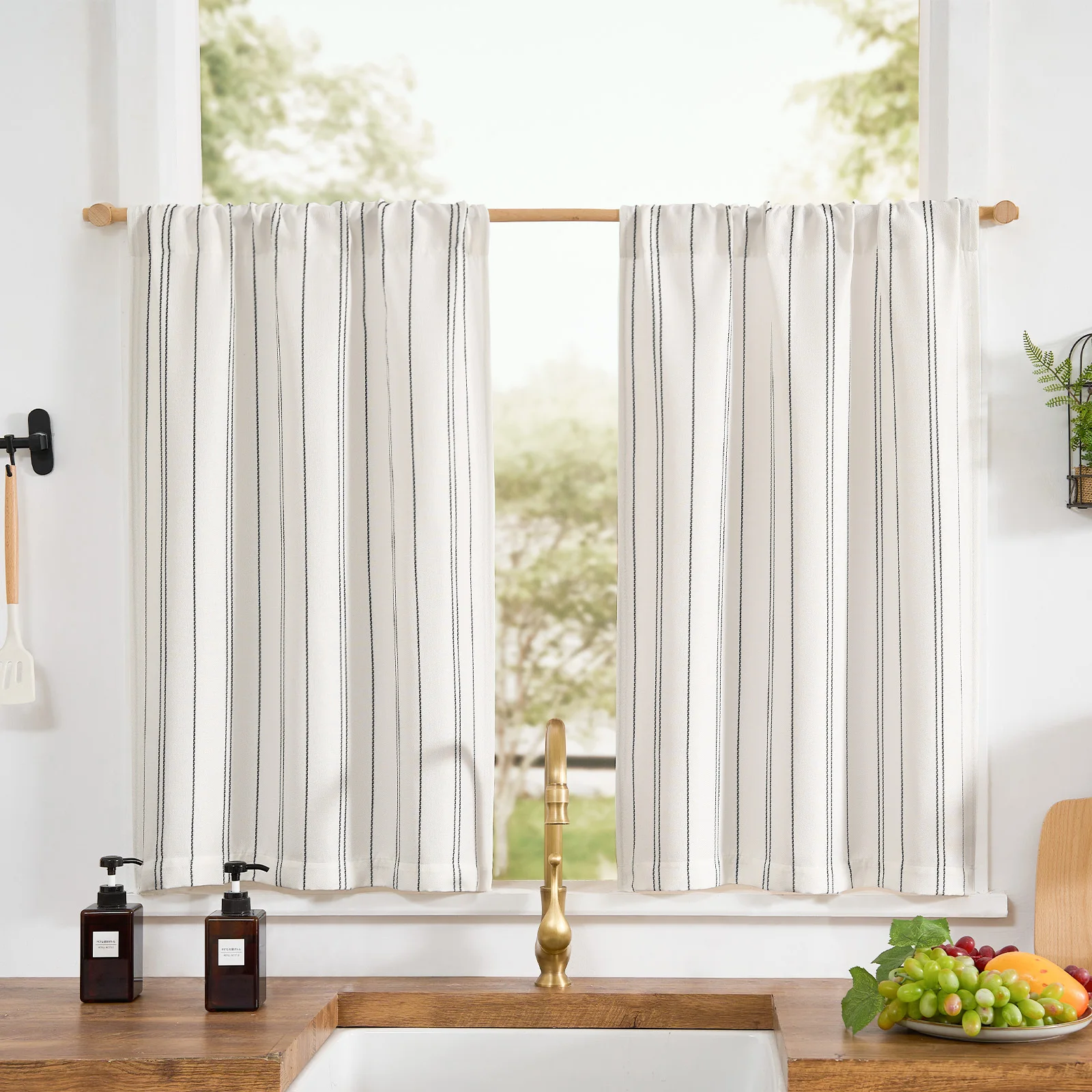 JINCHAN Striped Kitchen Curtains 25*36 Inch Linen Look Short Curtains For Window Black On White Cafe Curtain Light Filtering