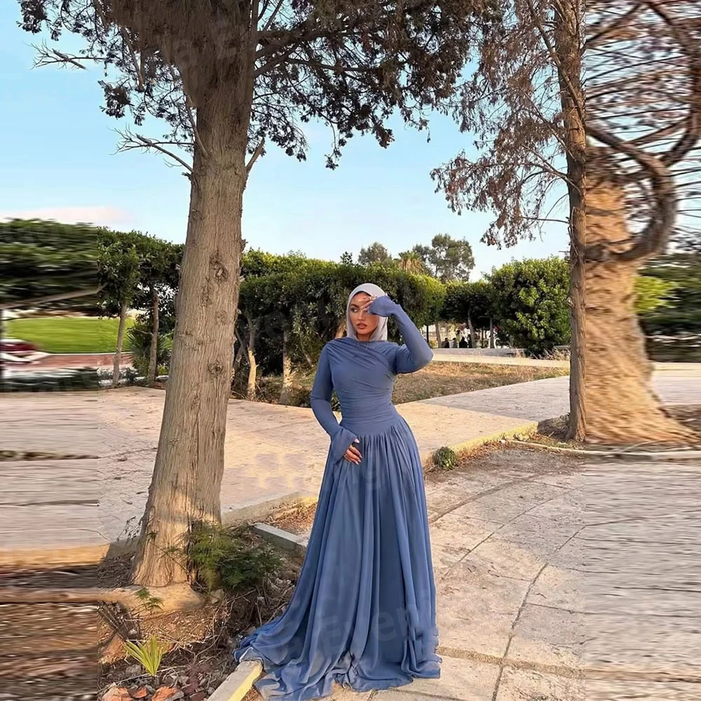 Einfache A-Linien-Abendkleider für Damen mit langen Ärmeln, plissierte Ballkleider, Vestidos Para Mujer, maßgeschneiderte formelle Party-Robe De Soirée