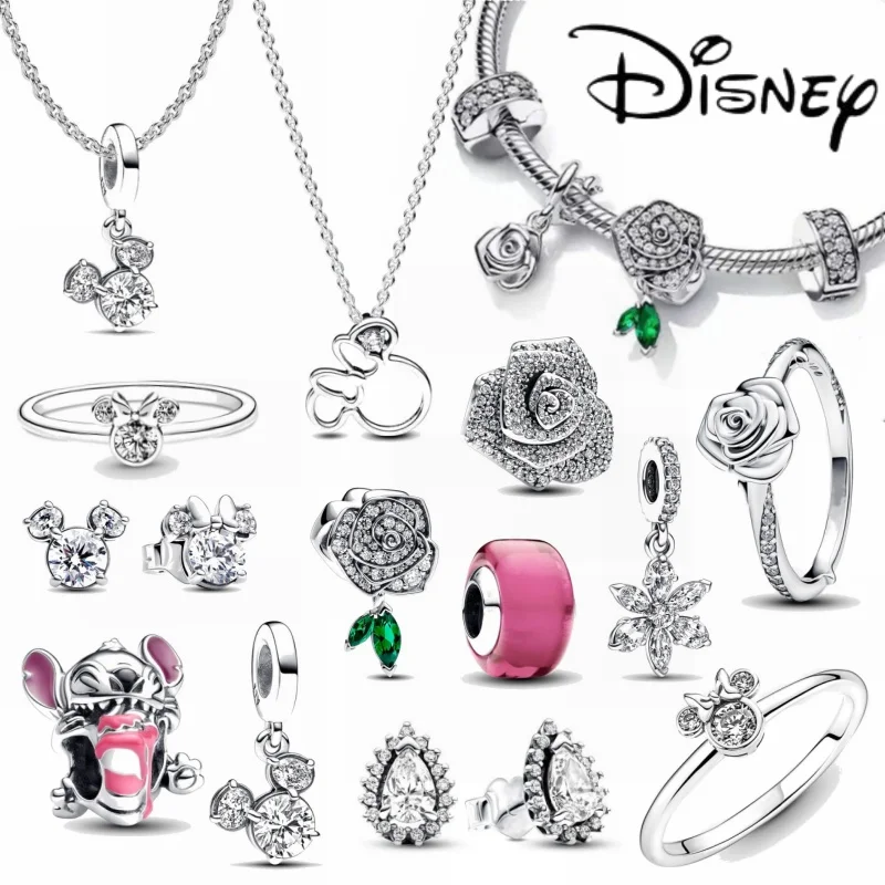 Disney's New Sparkling Blooming Rose Bead Pendant, Mickey Mouse Stud Earrings Necklace, Fit For Women DIY Bracelets, Gifts,2024