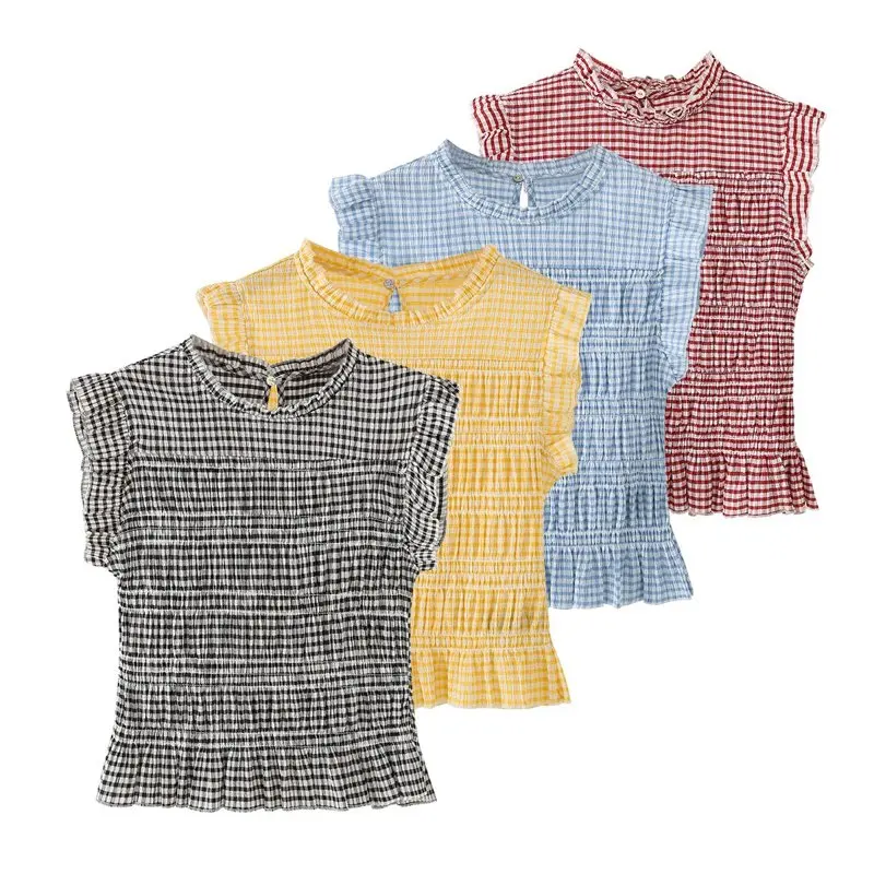 XNWMNZ High Quality  2026 New Girls Summer Gingham Checkered Top Ruffled Sleeve Blouse Cotton Smocked Shirt with Collar Sleevele