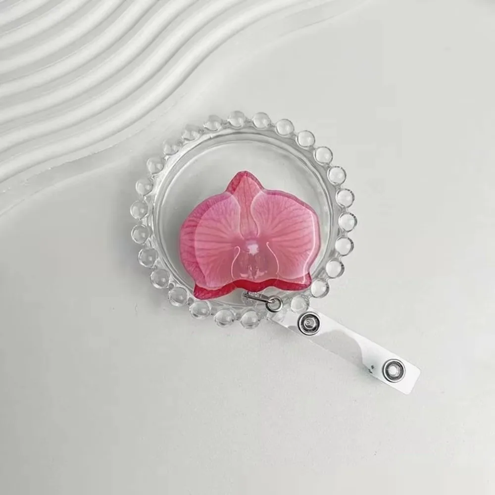Acrylic Resin ID Card Badge Holder Clip Orchid Design Retractable Retractable Badge Reel Pull-Off Work Certificate Holder