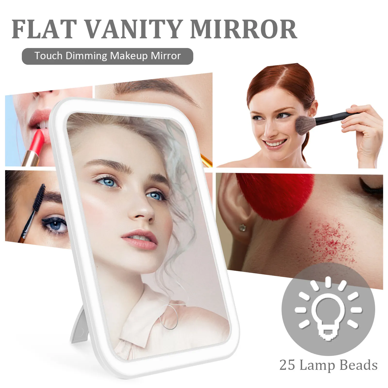 LED Makeup Mirror with Touch Screen Kickstand 3 Colors Dimmable Cosmetic Travel Mirror with Light Rechargeable USB Makeup Mirror