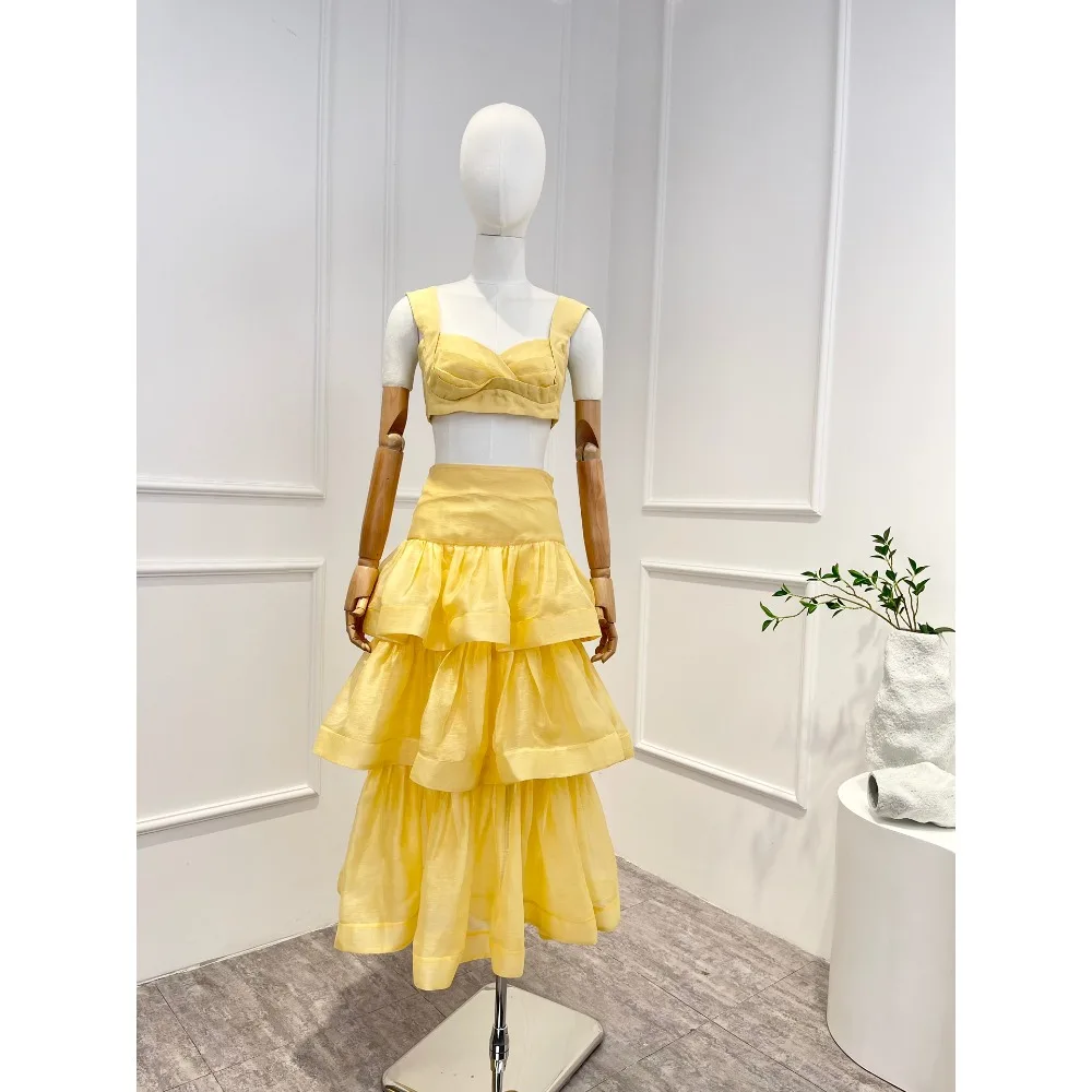 

Women Outfit Silk High Quality 2026 Yellow Sleeveless Pleat Vest Tops and Flouncing Ruffle Midi Skirt Set