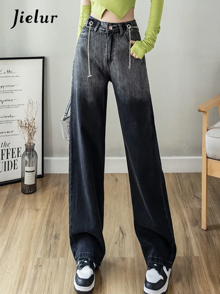 

Jielur Korean Style Gradient Spell Color Chic Women Jeans High Waist Straight Fashion Streetwear Washed Loose Casual Denim Pants