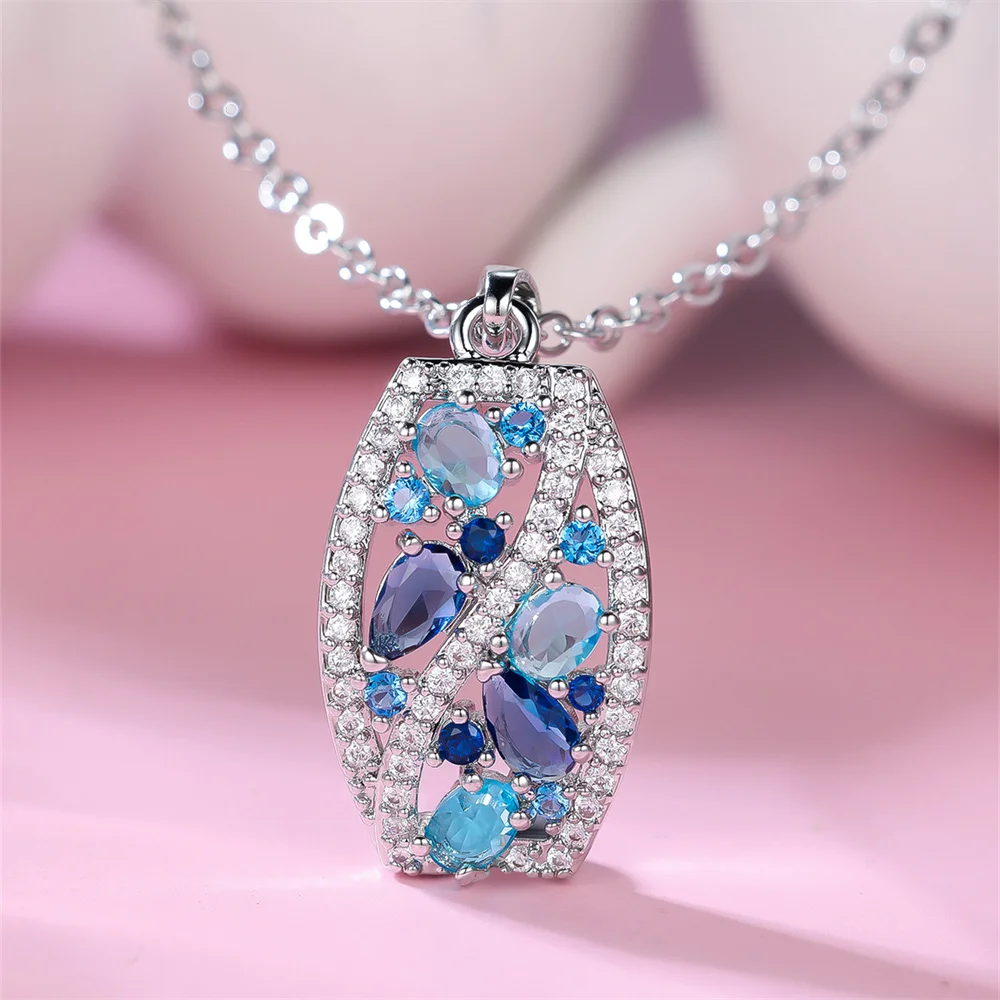 Blue Crystal Stone Pendant Zircon Necklaces for Women Vintage Silver Color Chain Necklace Wedding Jewelry