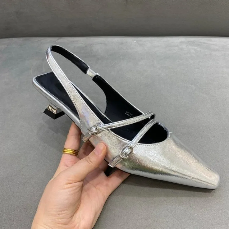 One Line with Fashion Baotou Sandals Female Summer New Fashion Pointy Low Heel One Line Buckle After Empty Single Shoes