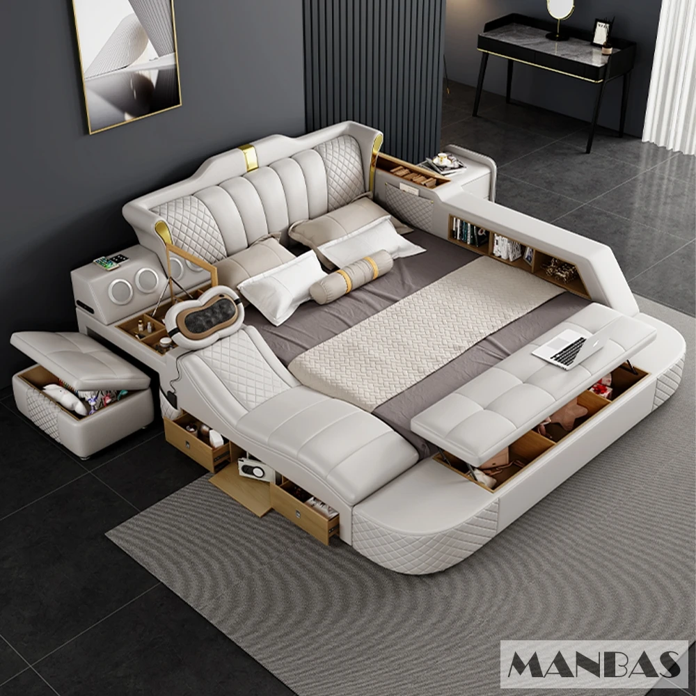 MINGDIBAO Tech Smart Bed 2 People Genuine Leather King Size Bed Frame with Massage, USB, Bluetooth Speaker, Wireless Charge,Safe