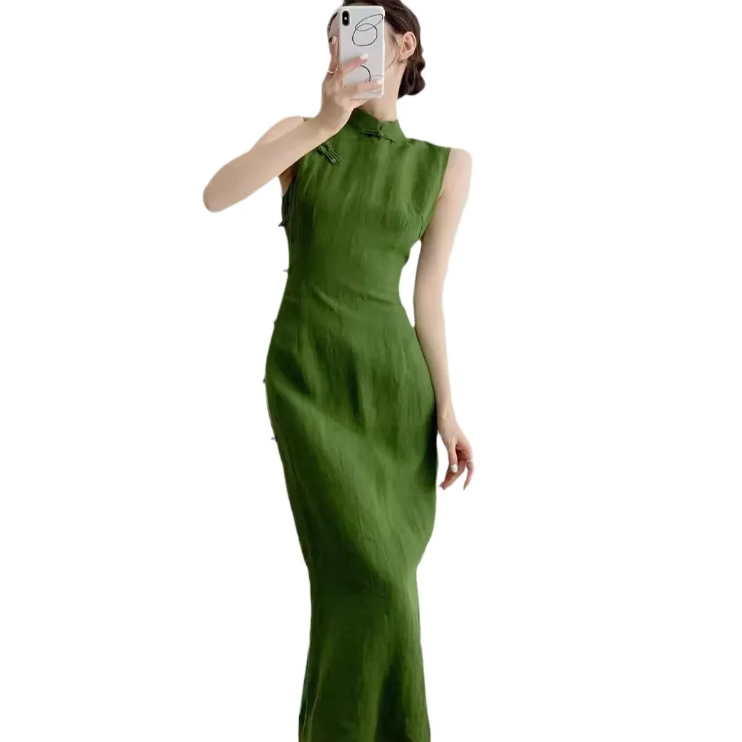 2025 빈티지 자연 문학 예술 드레스 중국 스타일 매일 향상된 레저 qipao 섹시한 민소매 허리 cinching 슬릿 qipao