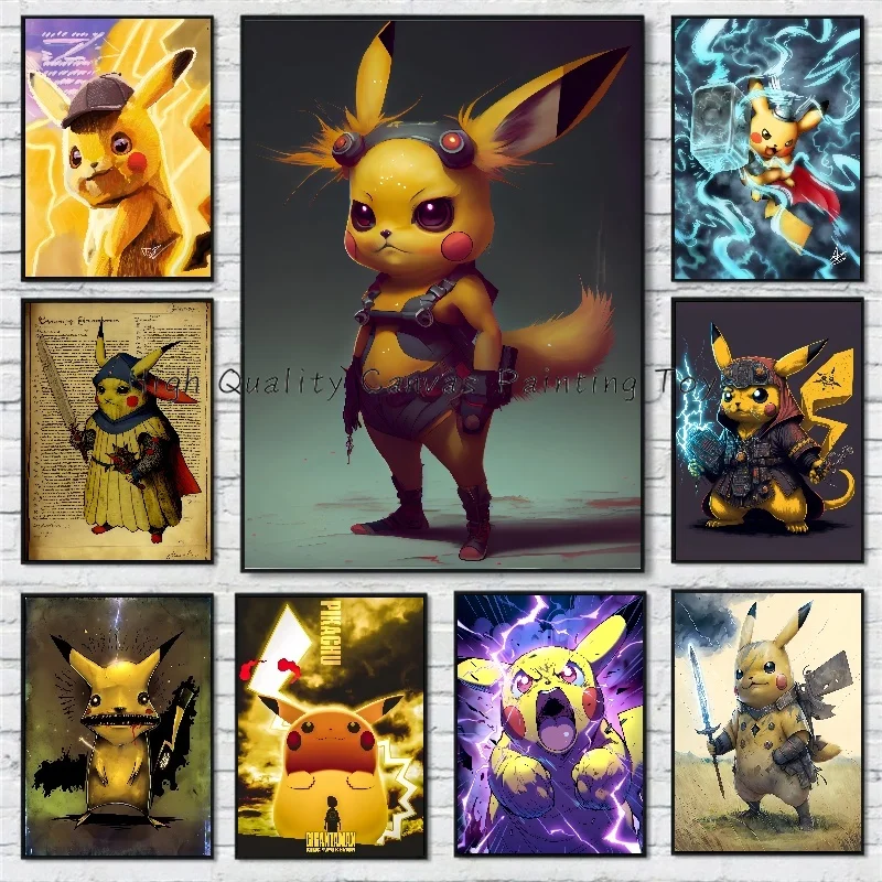 Pokemon Decorative Painting Pikachu Cross-dressing Figure Poster Group Photo Anime Hanging Picture Living Room Bedside Mural