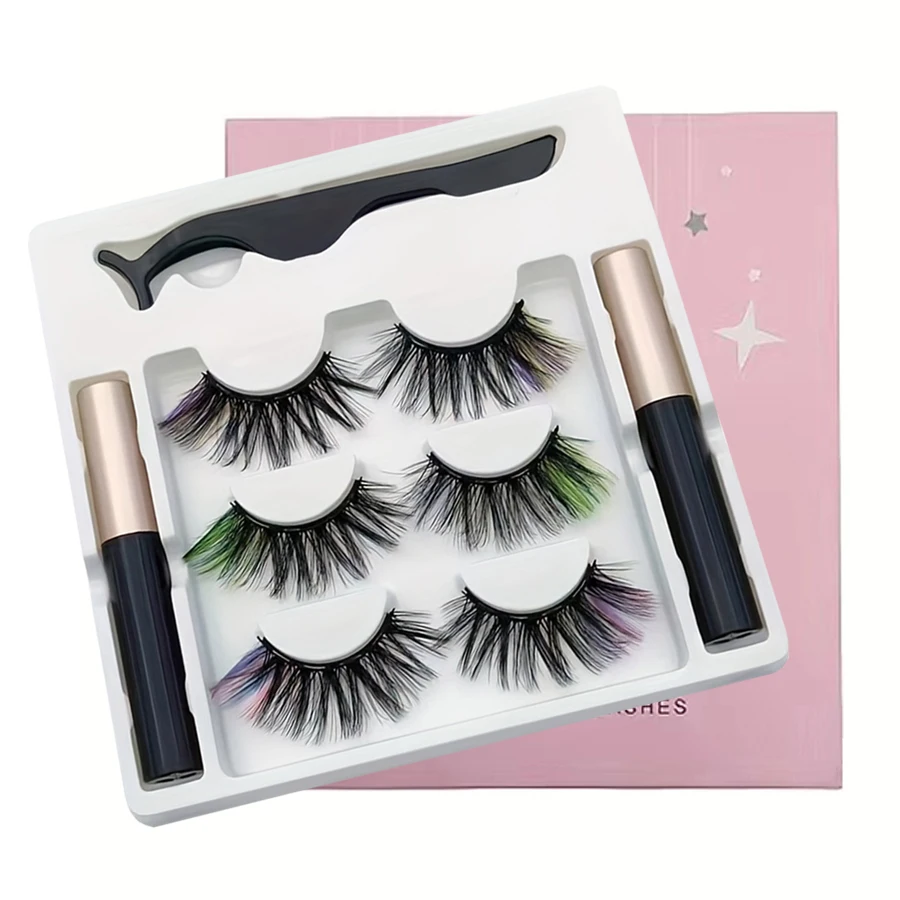 3 paar handgemaakte kleur valse wimpers, eyeliner pen, vlekvrije, lekvrije valse wimpers, eyeliner pen set