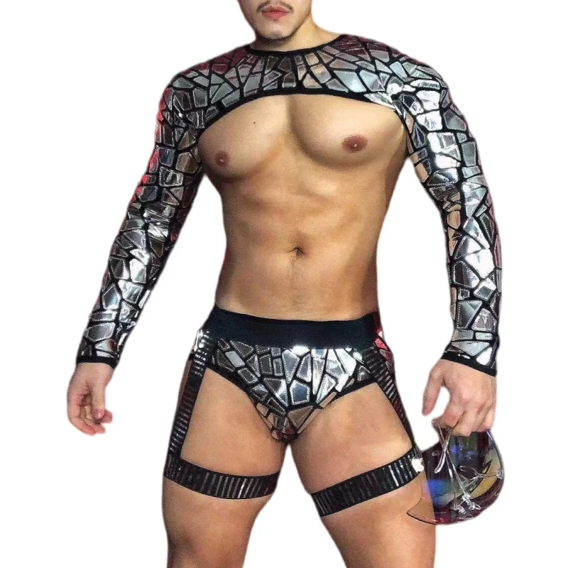 Bar Nightclub Male DJ Gogo Sexy Costume Silver Glitter Laser Sequins Hooded Tops Shorts 2 Pieces Set Club Party Show Stage Wear
