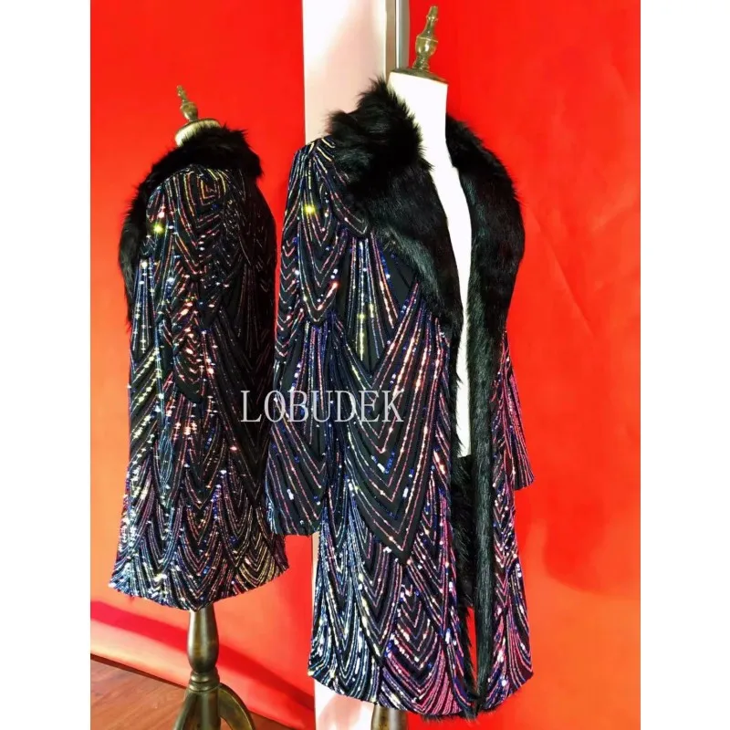 男性フェイクファー襟スパンコールオーバーコートバーナイトクラブ男性歌手コンサートステージロングコートカーニバルパーティーショーパフォーマンス衣装
