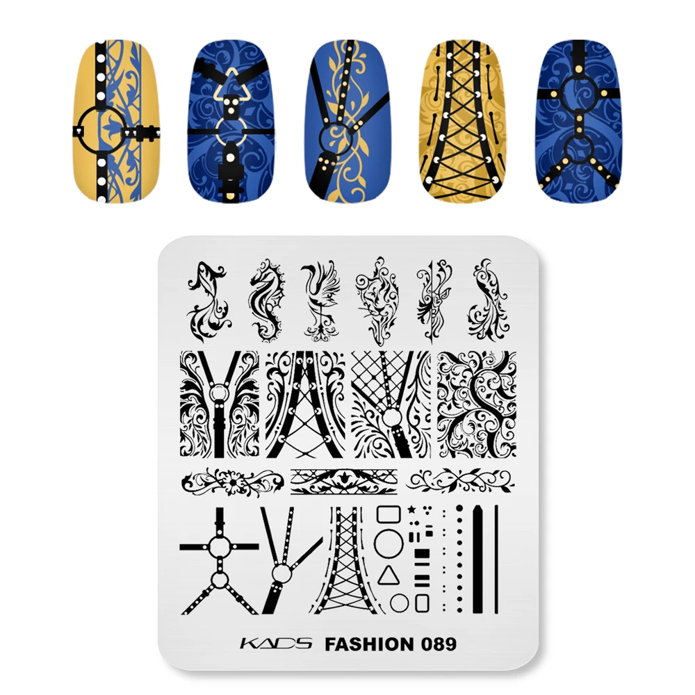 KADS Fashion 089 Stamping Nail Template Stamp Plates Rectangle Square Circle Net Bird Fish Chain Pattern Manicure Stencil Tool