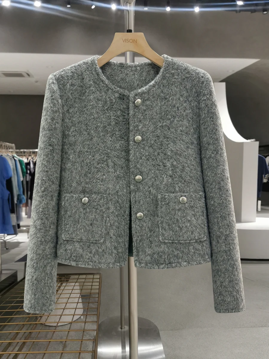 

ey Korean Sle Cotton Lined Woolen ort Coat Women's Faion Simple Winter Top Button round Ne Long Sve Coat