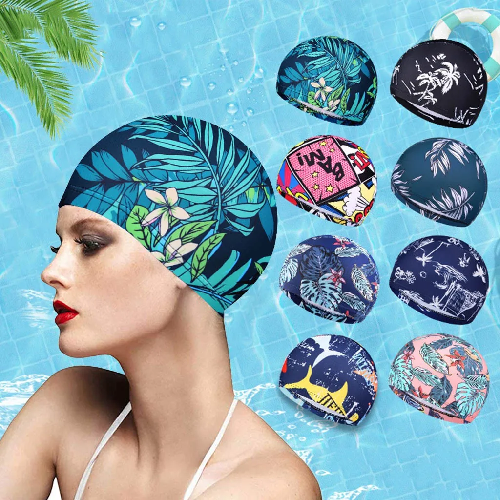 1PC Fashion Swimming Cap Men/Women Flowers Printed Long Hair Sports Swim Pool Bathing Hat Elastic Nylon Turban Sports Accessory