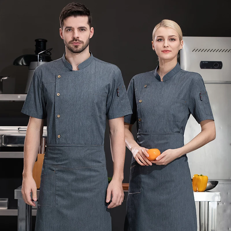 Kitchen Chef uniform apron Restaurant short sleeve Chef shorts Jacket Men grey Breathable Summer Chef coat black work clothes