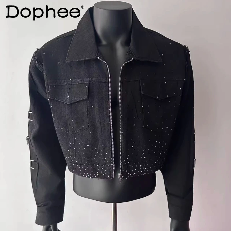 

Men's 2026 Autumn New High-End Chic Tooling Coats Male Trendy Denim Padded Shoulder Jackets Fashion Full Diamond Design Jackets